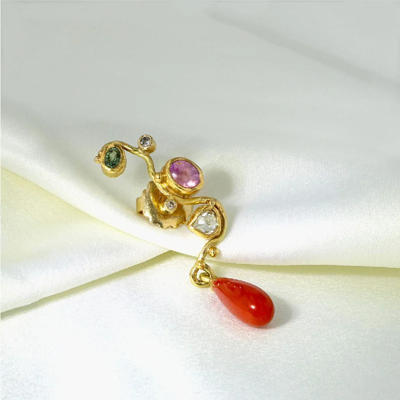 Handmade Silver Earrings for Women-Seafire 18K & 22K Gold Earring w. Diamond, Sapphires & Coral