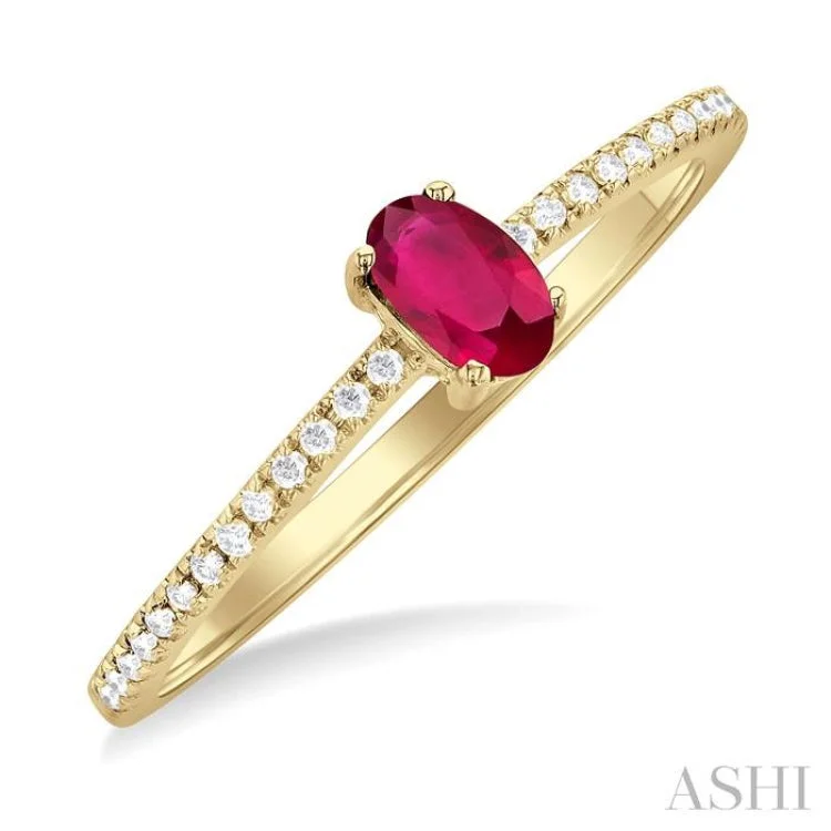 Affordable Gold Rings-5x3 MM Oval Cut Ruby and 1/10 ctw Petite Round Cut Diamond Precious Fashion Ring in 10K Yellow Gold