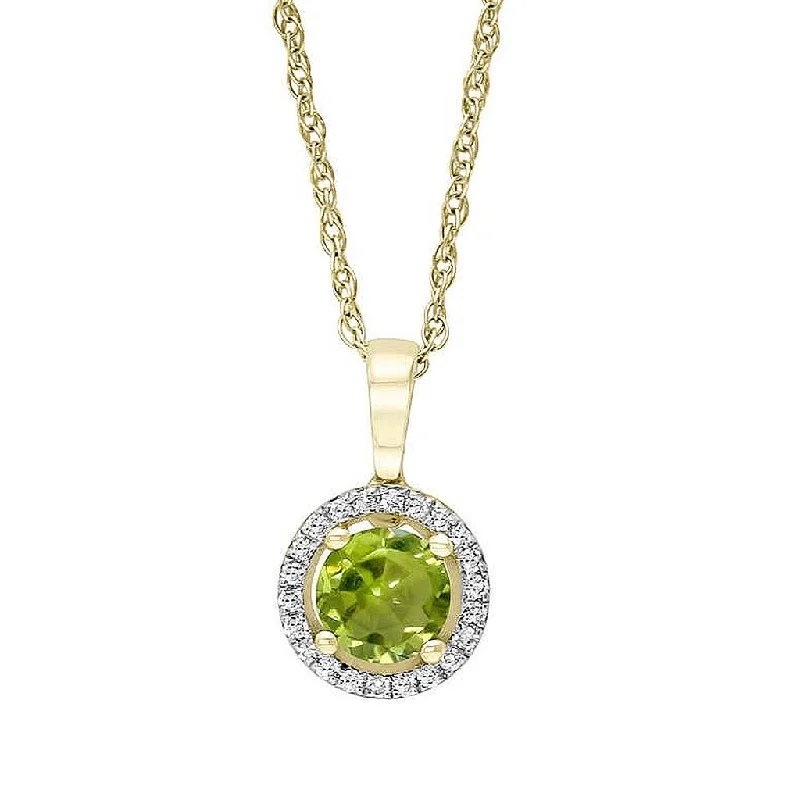 Zodiac Pendant Necklaces-August Birthstone Pendant: 14K Yellow Gold Diamond And Peridot Halo Pendant Necklace