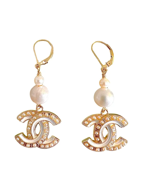 Gold and Silver Drop Earrings-CC Cutout White Pearl Dangle Earrings