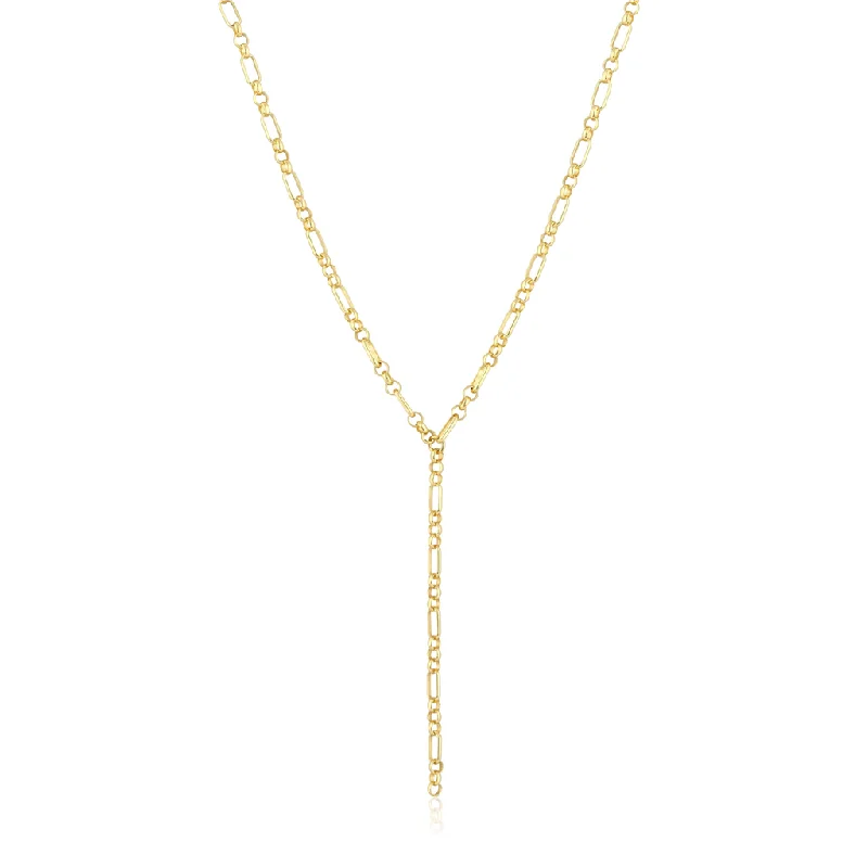 14K Gold Necklaces-14K Yellow Gold Overlay Oval And Triple Round Link Yaeli Lariat Necklace