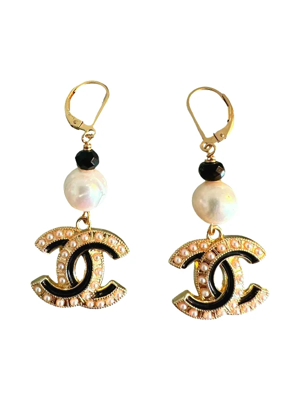 Vintage Crystal Earrings-CC Cutout Blk/White Pearl Dangle Earrings