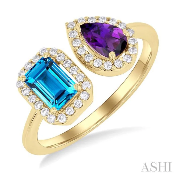 Luxury Diamond Engagement Rings-6X4 MM Emerald Cut Blue Topaz and Pear Cut Amethyst and 1/5 ctw Open Toi Et Moi Round Cut Diamond Halo Fashion Ring in 14K Yellow Gold