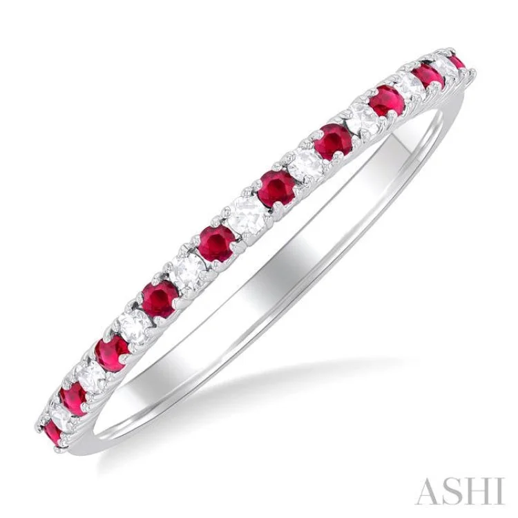 Women’s Vintage Promise Rings-1.35 MM Round Shape Ruby and 1/10 ctw Petite Round Cut Diamond Precious Stack Band in 10K White Gold