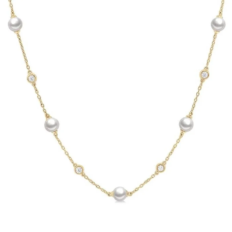 Modern Silver Necklaces-14K White Gold Pearl And Diamond Station Necklace