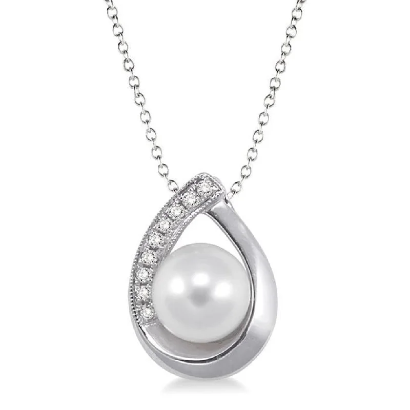 Pendant Chain Necklaces-Sterling Silver Pearl And Diamond Teardrop Shaped Pendant Necklace