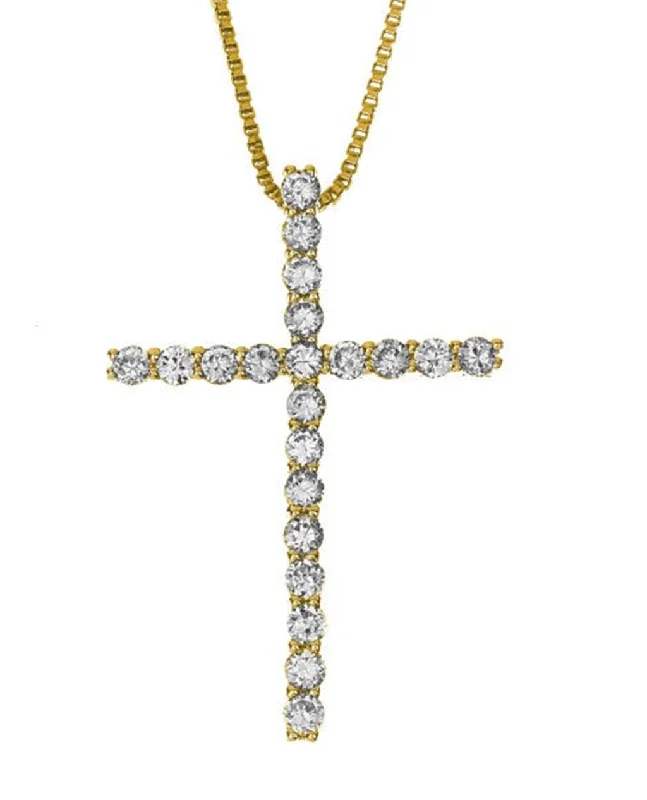 Shiny Necklaces-14K Yellow Gold Natural Diamonds Cross Pendant Necklace