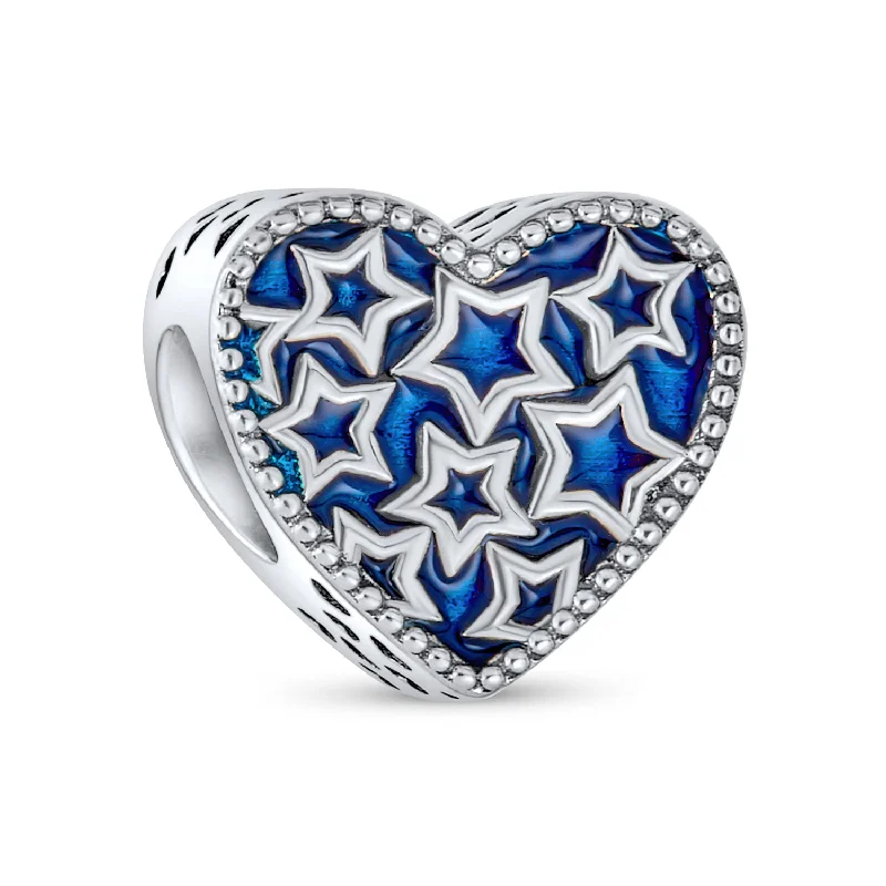 Silver Charm Bracelets for Girls-Patriotic Midnight Blue Stars Heart Charm Bead Sterling Silver for European Bracelet