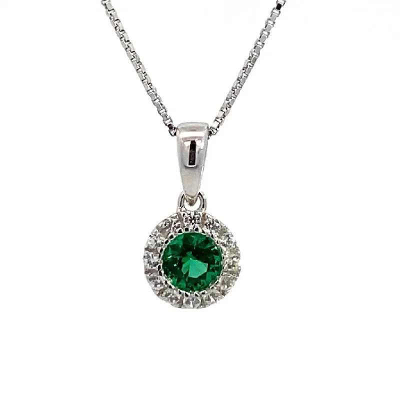 Fashion Necklaces-May Birthstone Pendant: Sterling Silver Synthetic Emerald Halo Pendant Necklace