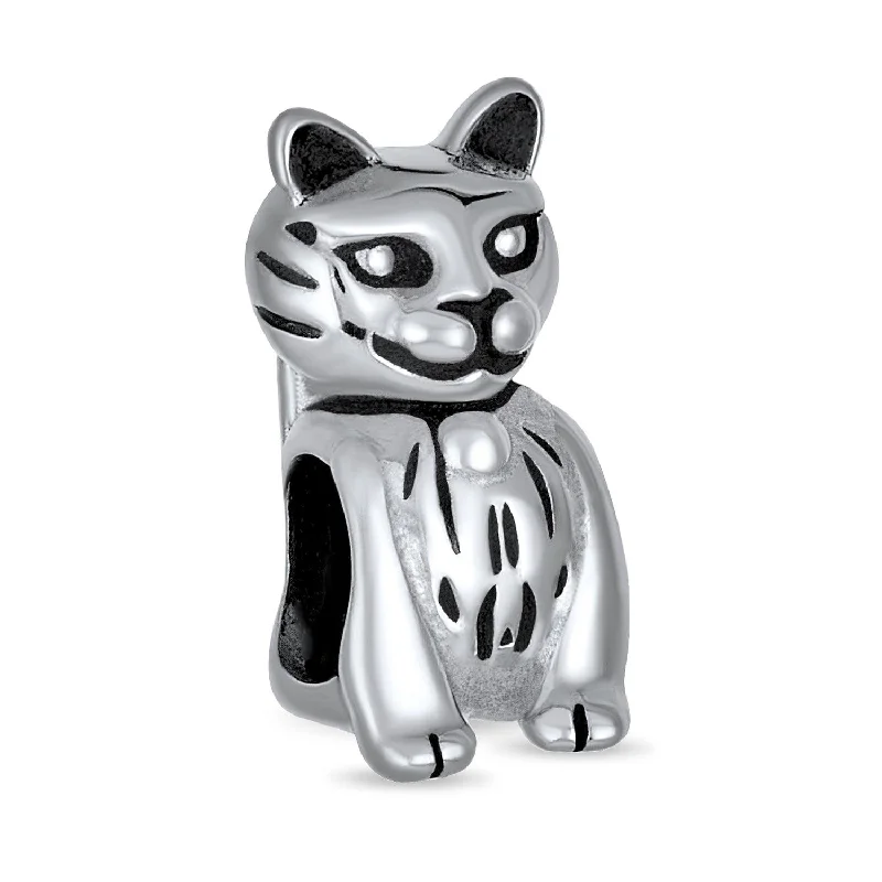 Cuff Bracelets for Men-Sitting Kitten Dangle Charm Bead in Sterling Silver for Cat Lovers Fits Bracelets