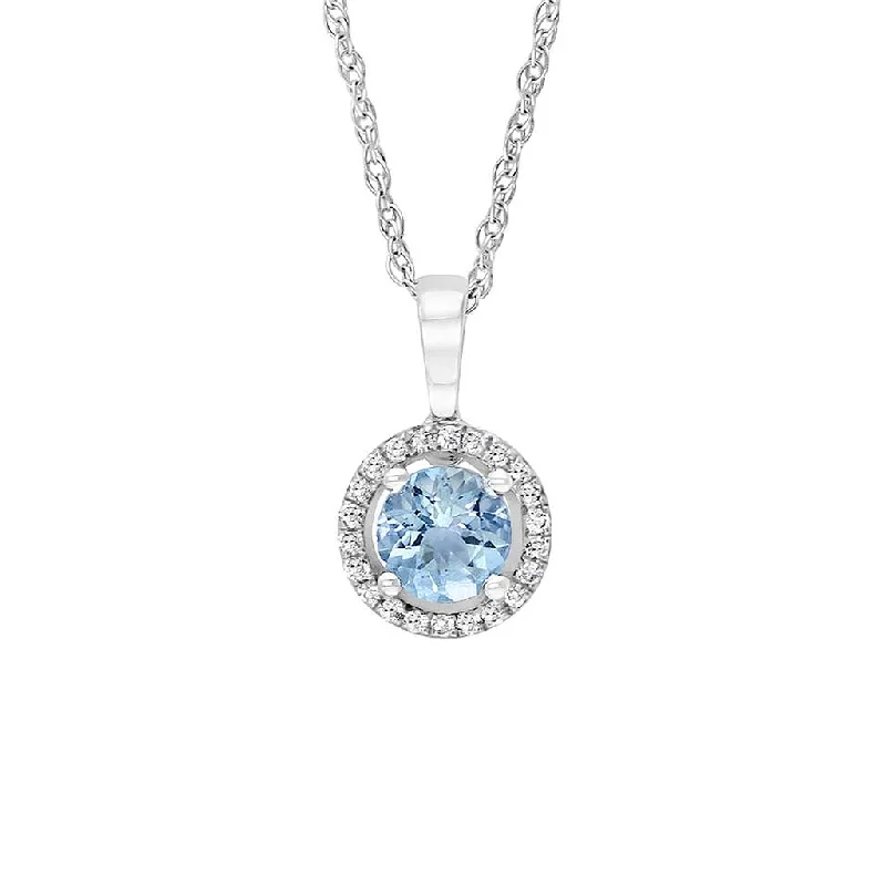 Modern Silver Necklaces-March Birthstone Pendant: 14K White Gold Diamond And Aquamarine Halo Pendant Necklace