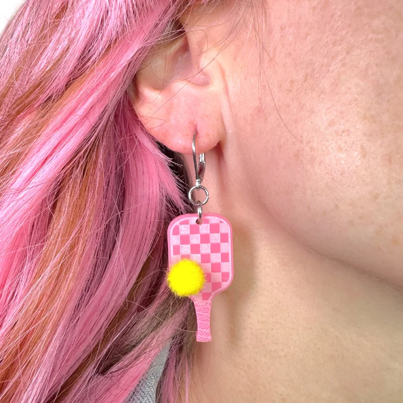 Trendy Drop Stud Earrings-Pickle Ball Paddle Earrings with Pompoms