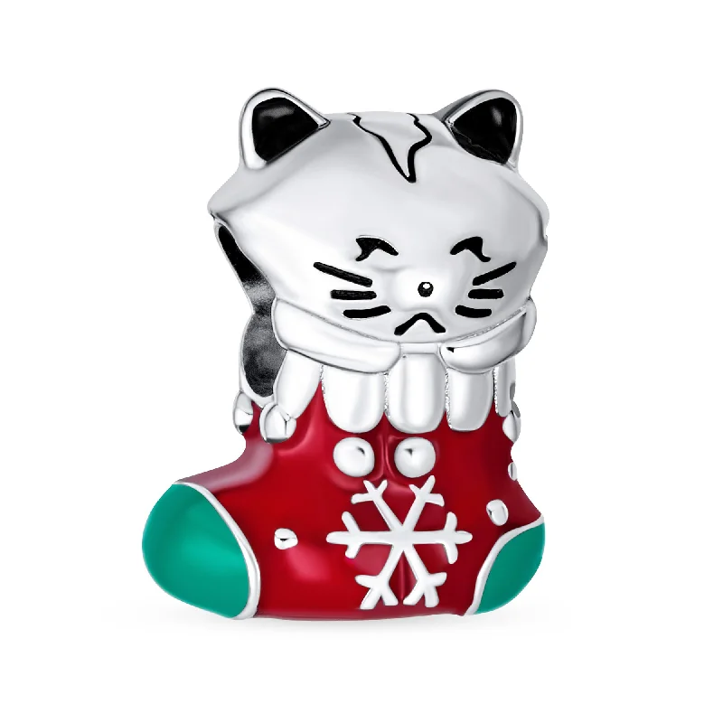 Fashionable Bracelets for Work-Christmas Charm Bead Kitten Stocking Enamel Sterling Silver for Bracelets