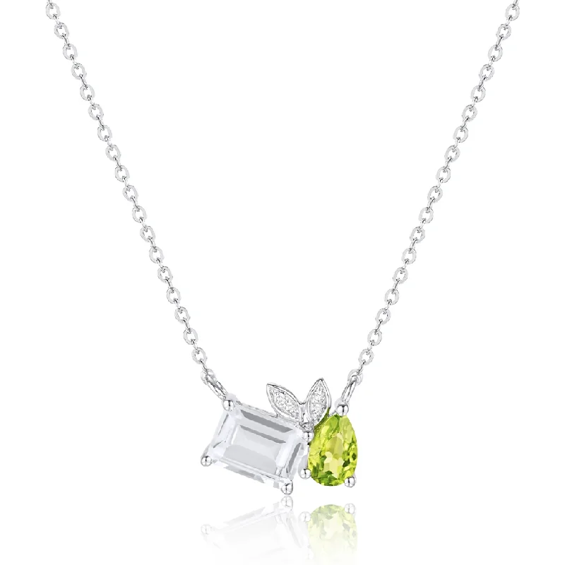 Women's Necklaces-14K White Gold Peridot And White Topaz Toi Et Moi Necklace