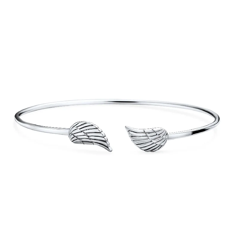 Stretch Bracelets for Comfort-Dainty Guardian Angel Wing Feather Cuff Bracelet in Sterling Silver