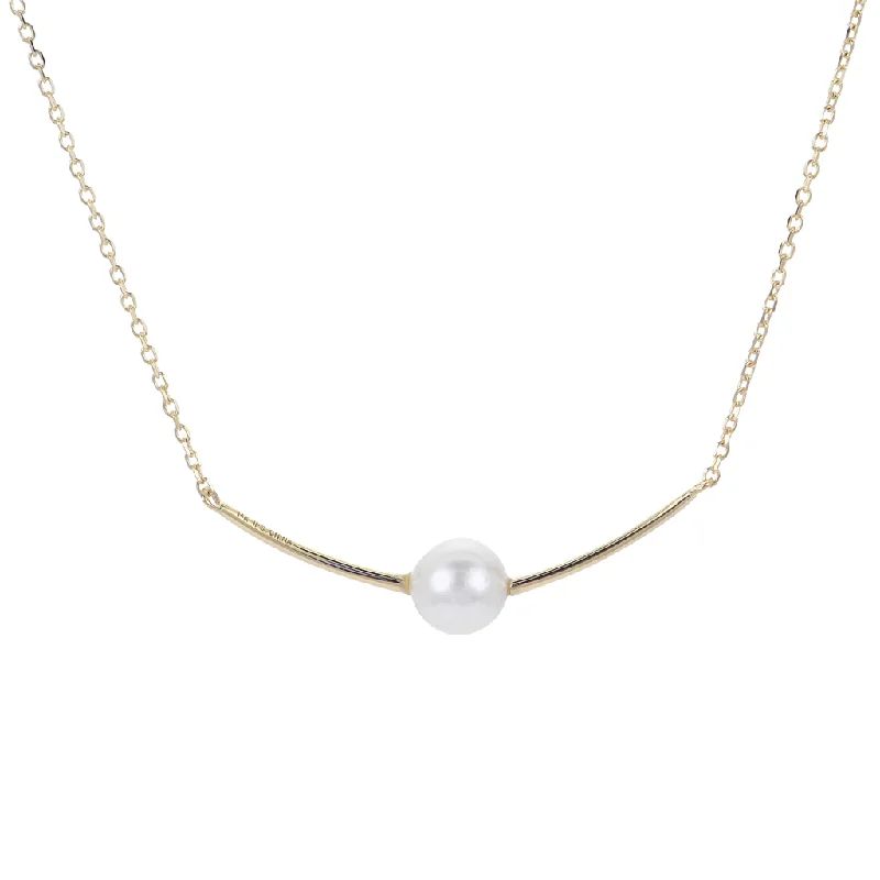 Nameplate Necklaces-14K Yellow Gold Freshwater Pearl Curve Bar Necklace