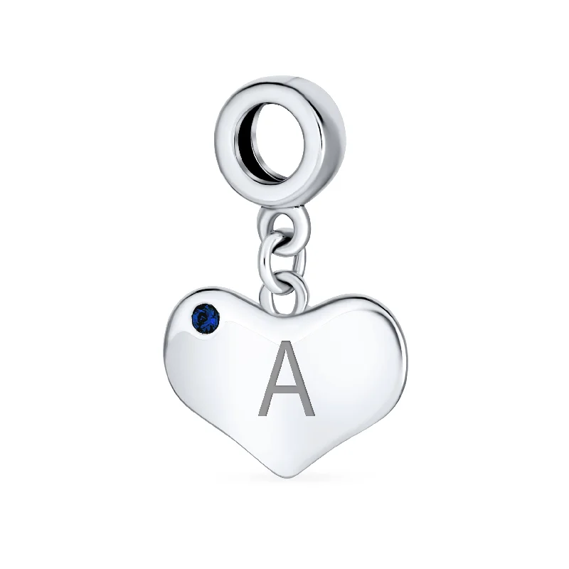 Personalized Bracelets-Initial Alphabet Bead Charm Blue Sapphire Heart Dangle for Sterling Silver Bracelet