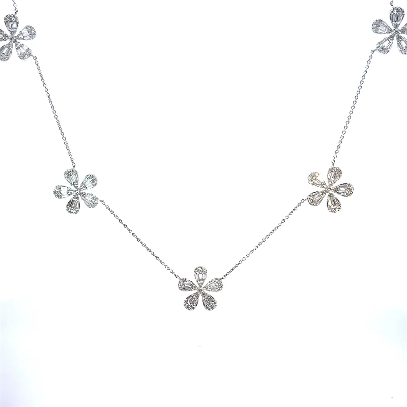 Colorful Necklaces-Medium Baguette & Round Diamond 5 Flower Station Necklace